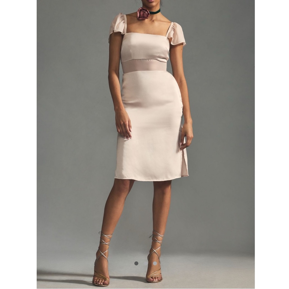 BY ANTHROPOLOGIE FLUTTER-SLEEVE SATIN SHEATH DRESS in Chai